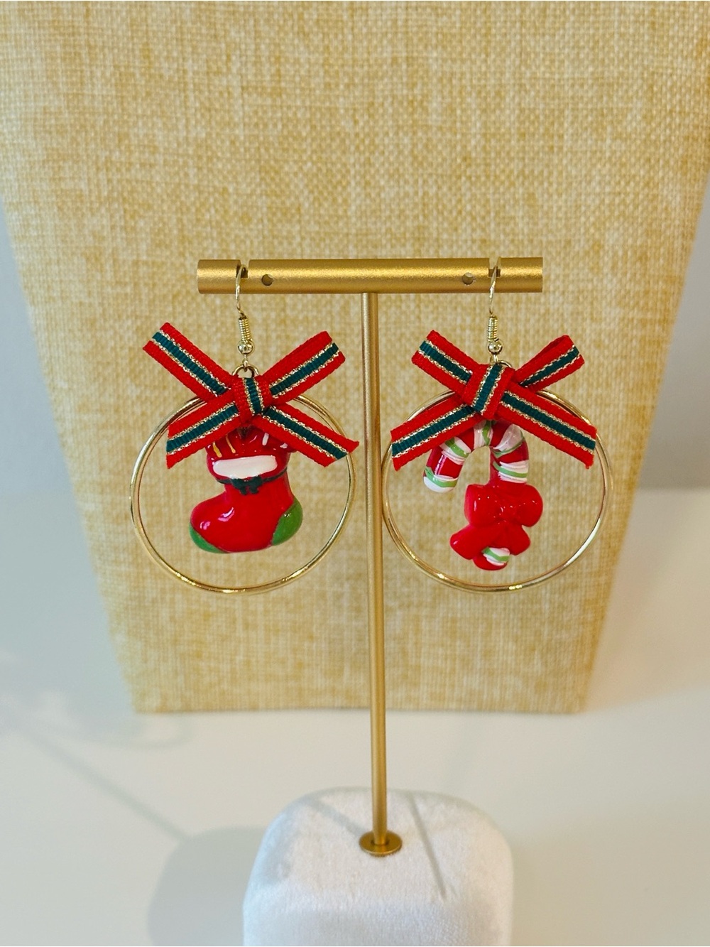 Fashion Jewelry Red & Green Holiday Hoop Earrings with Bow Charms